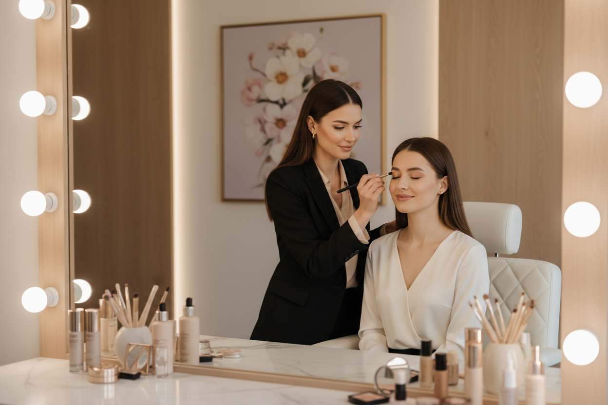 Please show me two people, a pro makeup artist lady and her customer. Both beautiful. One is receiving the makup and sitting by a mirror. I want to use this image as professional thumbnail for my service.