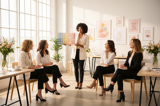Show me a beautiful lady coach in front of several aother beautiful ladies in an audience. The lady coach is showing a colour palette. It shall be appealing to book a workshop. 