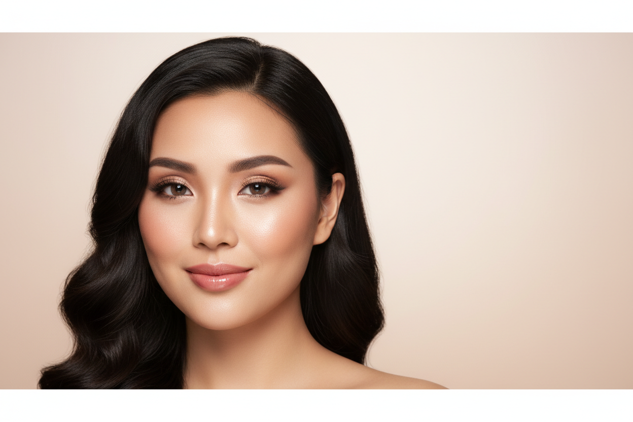 Zeige mir ein Bild von einer strahlenden schön professionell geschminkten Dame als Banner